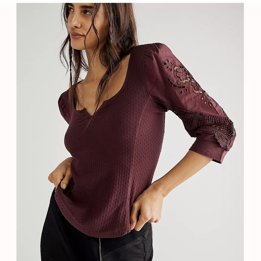 Free People Burgundy Embroidered Puff Sleeve Top